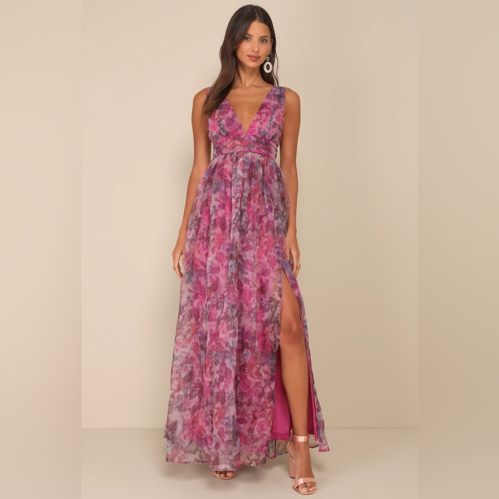 NWT: Garden Romance Magenta Floral Print Organza Maxi Dress